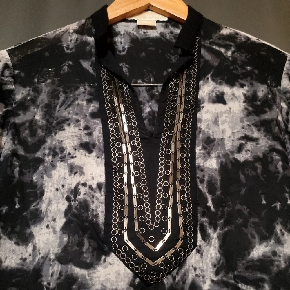 Michael Kors Sheer Abstract Beaded Long Sleeve Blouse Size Medium